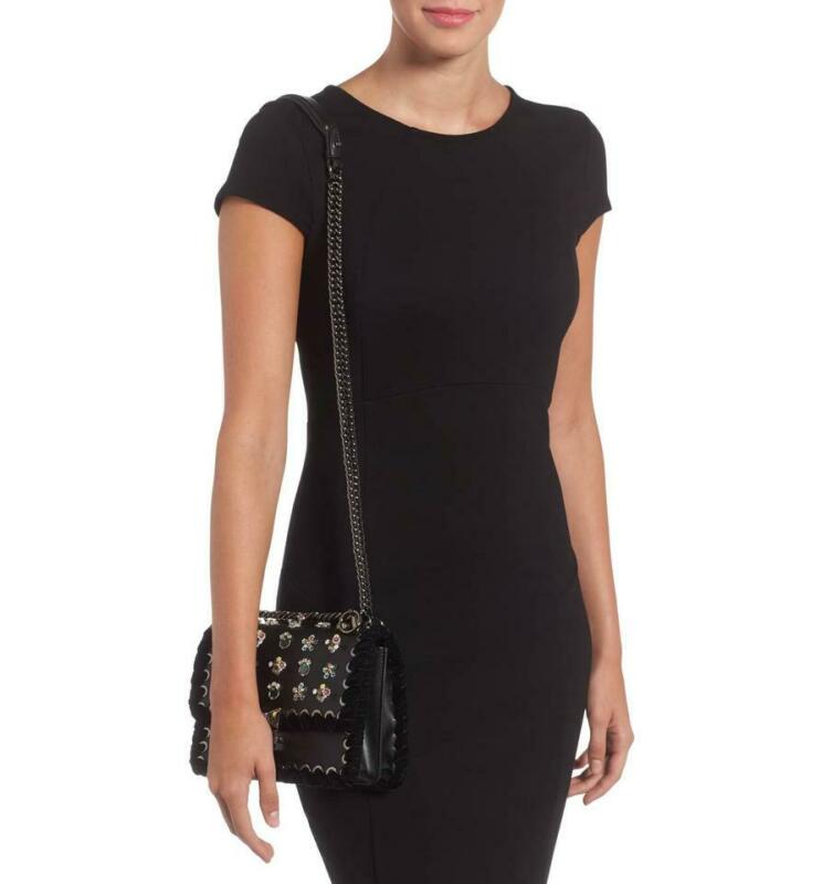 Fendi Mini Kan Beaded Flowers Calfskin Shoulder Black Leather Cross Body Bag