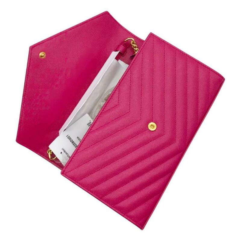 Saint Laurent Chain Wallet Grain De Poudre Matelasse Chevron Monogram Pink