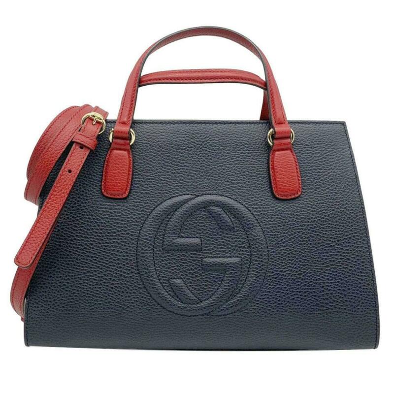 Gucci Soho Convertible Top Handle Satchel Medium Blue White and Red Leather Tote