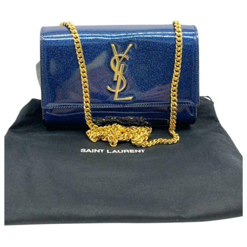 Saint Laurent Monogram Kate Shoulder Small Glitter Blue Patent Leather Crossbody