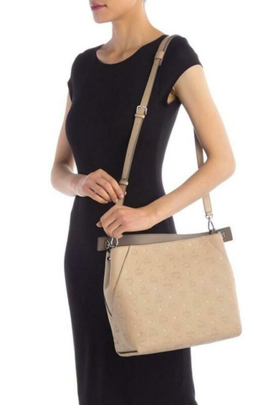 MCM Hobo Klara Monogrammed Beige Leather Shoulder Bag
