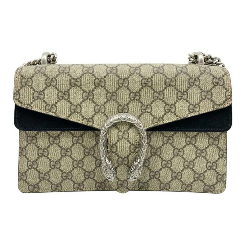 Gucci Chain Dionysus Small Black Beige Gg Supreme Canvas Shoulder Bag
