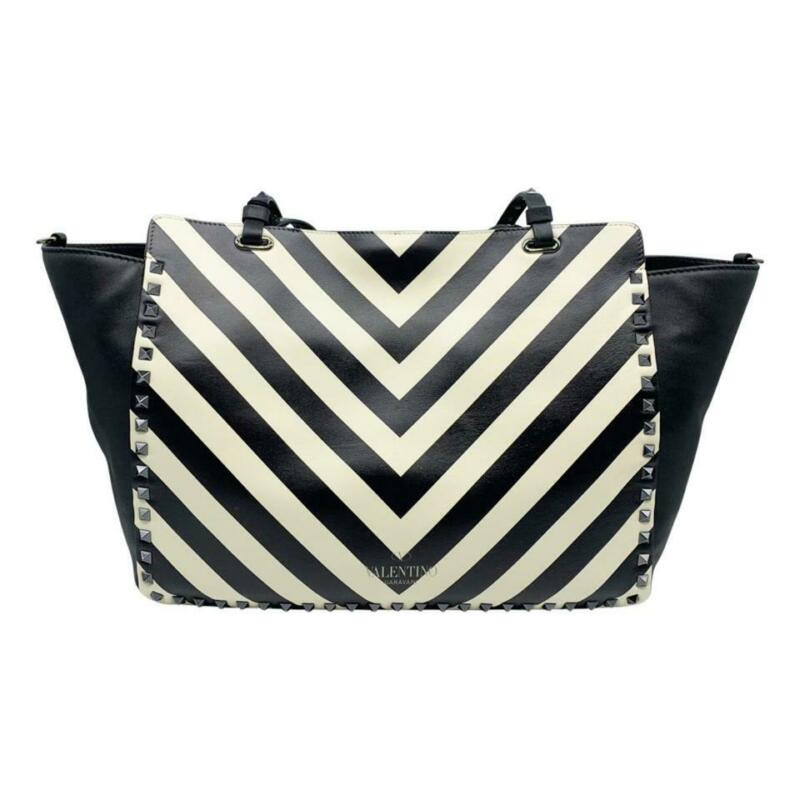 Valentino Rockstud Chevron Stripe Medium Black Leather Tote