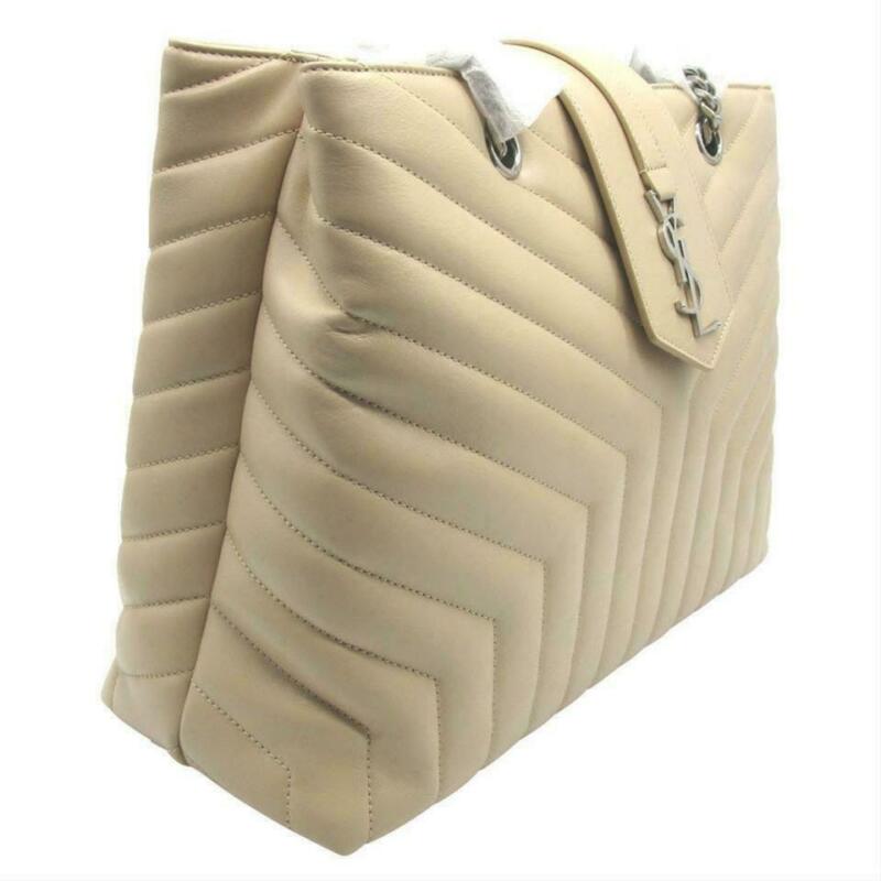 Saint Laurent Monogram Loulou Large Poudre Quilted Matelasse Chain Shopper Beige