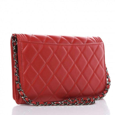Chanel Boy Quilted Wallet On Removable Chain Woc Red Lambskin Leather
