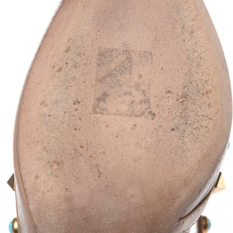 Valentino Beige Pebbled Calfskin Rockstud Rolling Ankle Strap Poudre Pumps