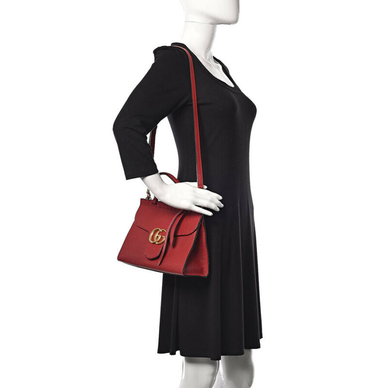 Gucci GG Marmont Top Handle Calfskin Mini Vulcanic Red Leather Shoulder Bag