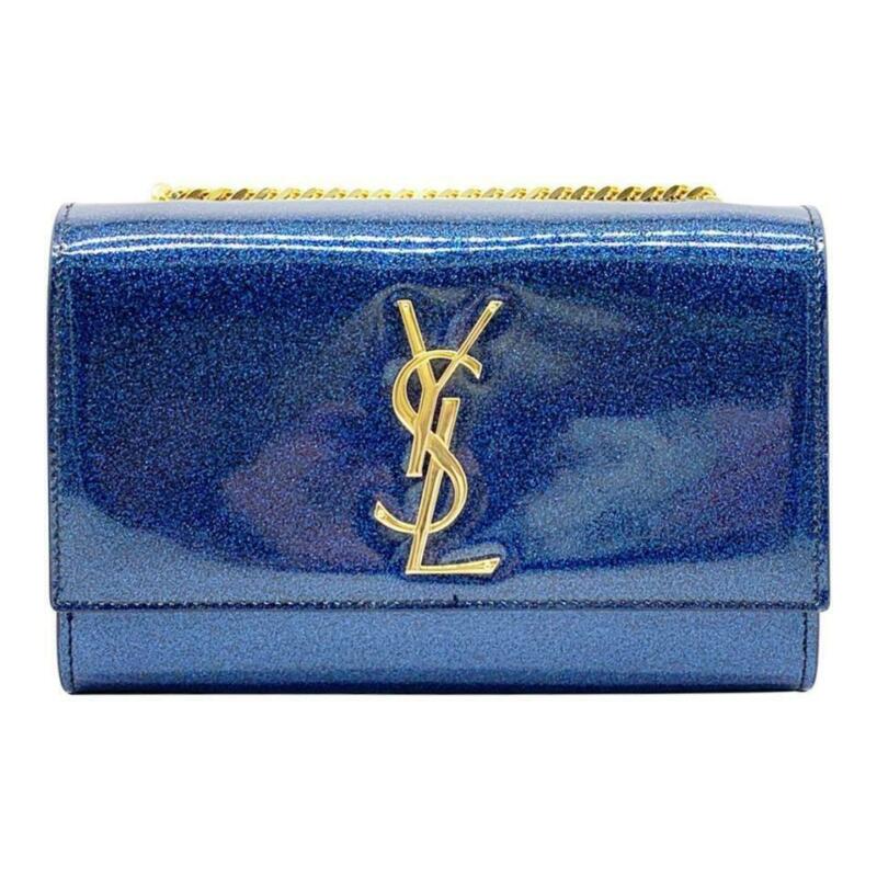 Saint Laurent Monogram Kate Shoulder Small Glitter Blue Patent Leather Crossbody
