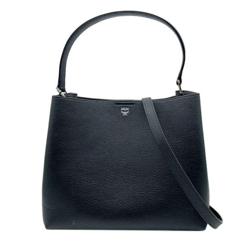 MCM Hobo Sarah Visetos Canvas Black Leather Shoulder Bag