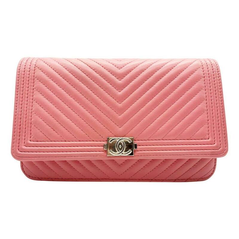 Chanel Boy Wallet on Chain Chevron Quilted Woc Pink Calfskin Leather