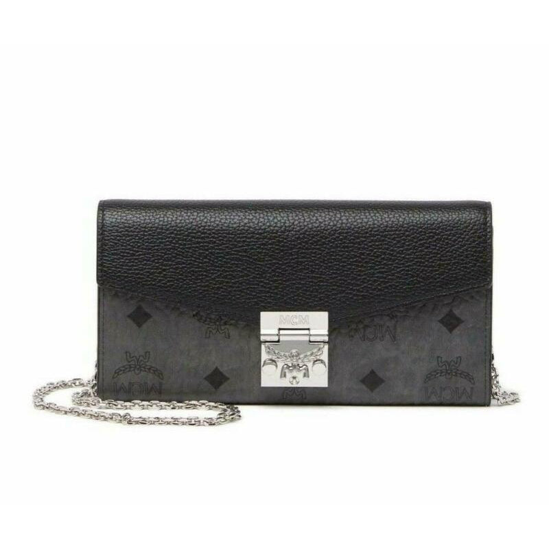 MCM Patricia Visetos Wallet On A Chain Black Leather Cross Body Bag