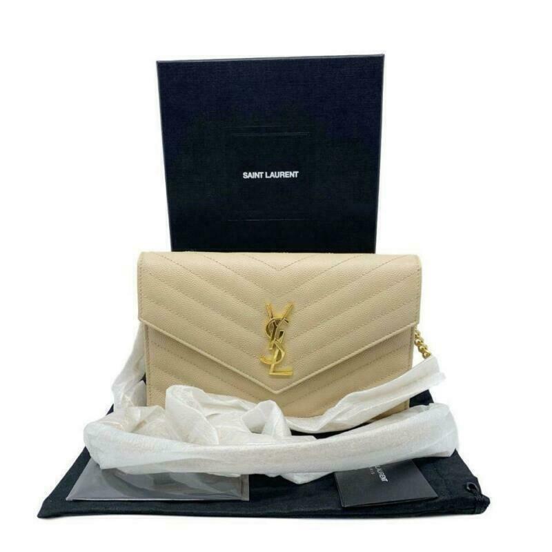 Saint Laurent Monogram Envelope Chain Wallet Small Poudre Beige Leather