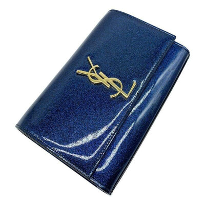 Saint Laurent Monogram Kate Shoulder Small Glitter Blue Patent Leather Crossbody