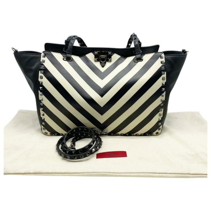 Valentino Rockstud Chevron Stripe Medium Black Leather Tote