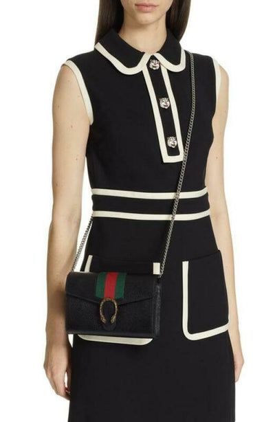 Gucci Dionysus 2019 Web Stripe Wallet On A Chain Black Leather Cross Body Bag