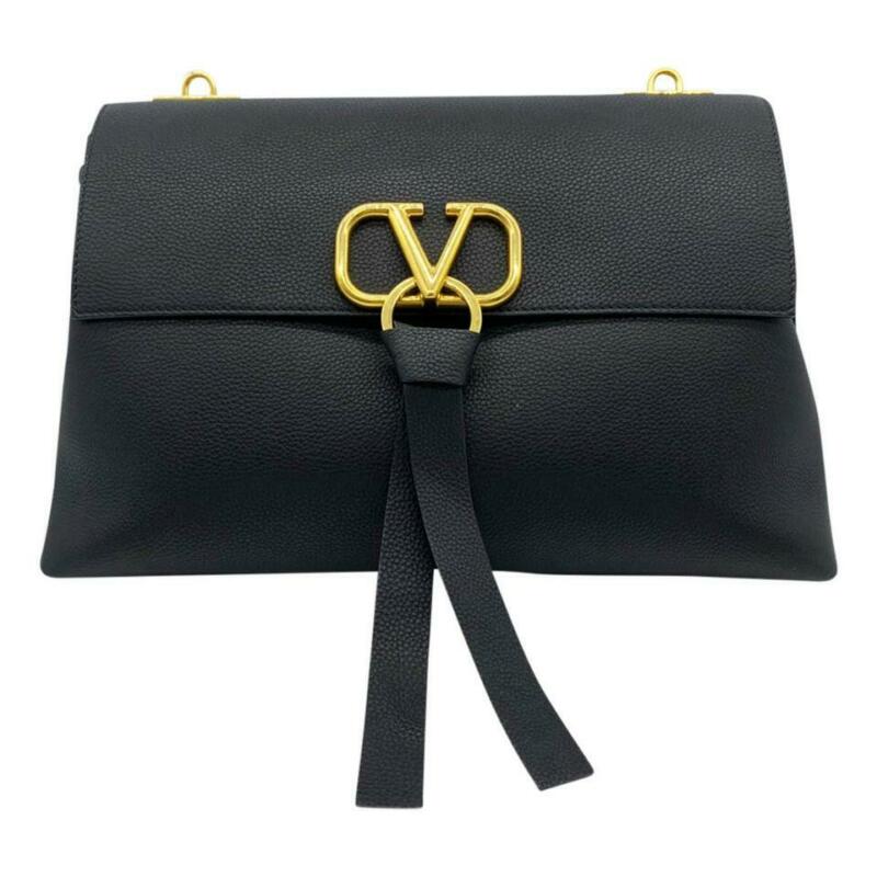 Valentino Medium Vee Ring Black Grained Leather Shoulder Bag