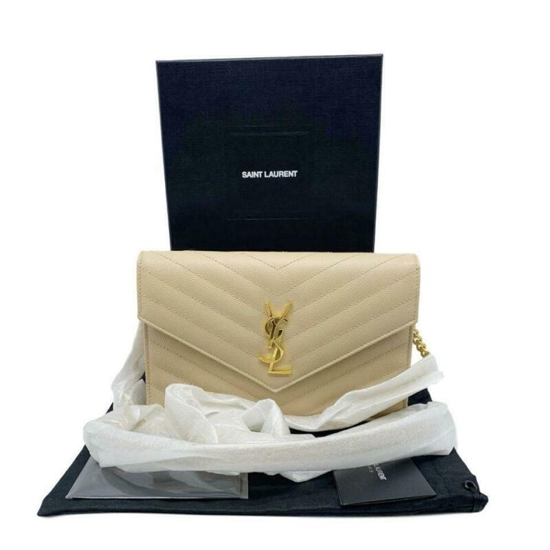 Saint Laurent Monogram Envelope Chain Wallet Small Poudre Beige Leather