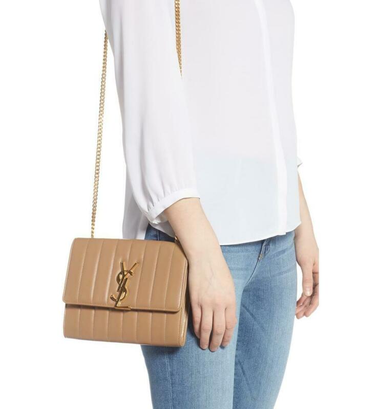 Saint Laurent Vicky Small Wallet On A Chain Monogram Beige Leather Shoulder Bag