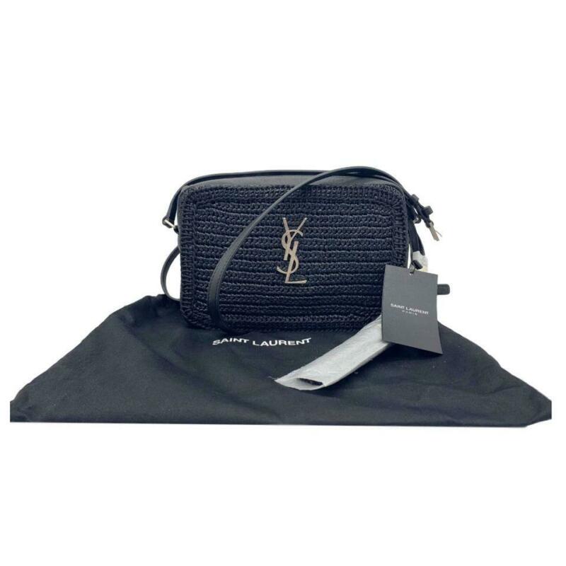 Saint Laurent Monogram Camera Raffia Canvas Lou Black Leather Cross Body Bag