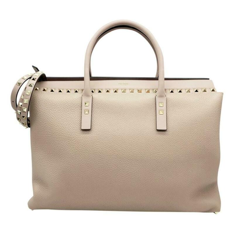 Valentino Medium Rockstud Double Handle Satchel Beige Leather Tote