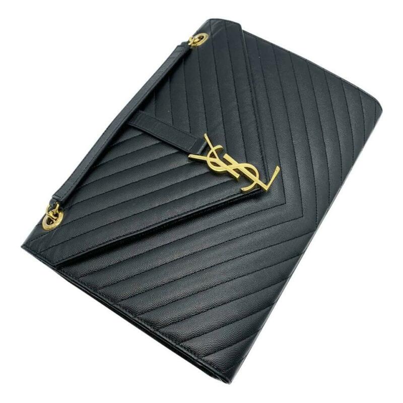 Saint Laurent Monogram Envelope Grained Calfskin Matelasse Chevron Large Black