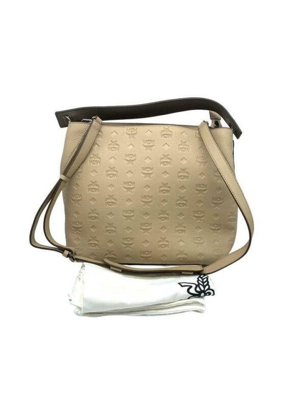 MCM Hobo Klara Monogrammed Beige Leather Shoulder Bag