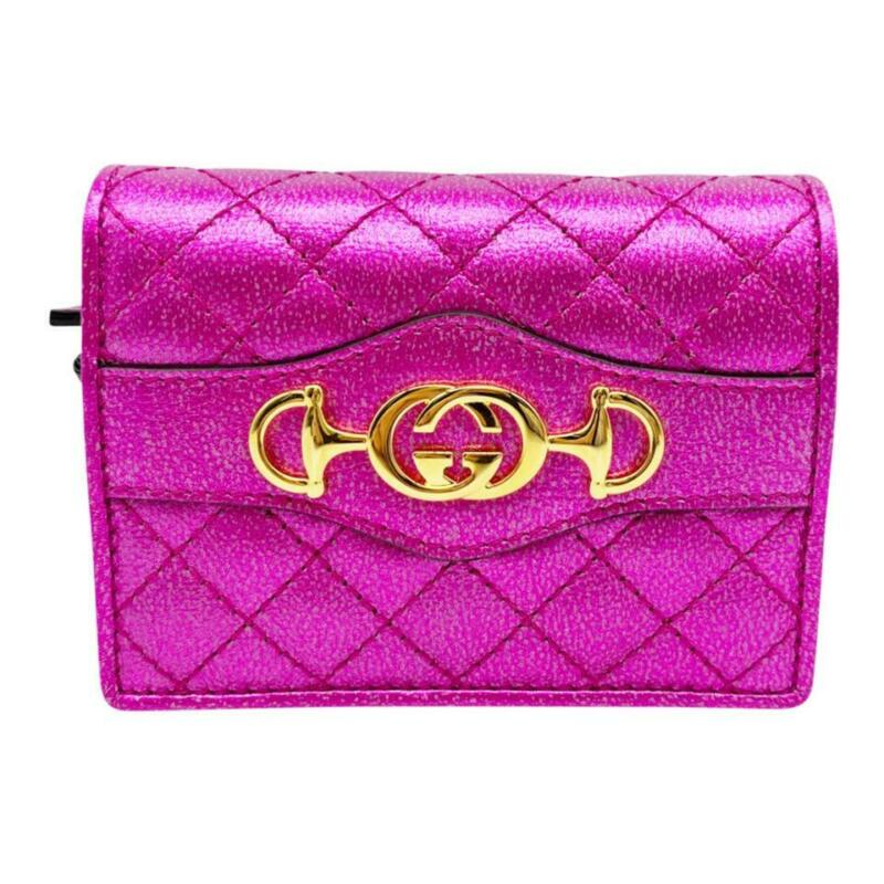 Gucci Pink Horsebit Marmont Trapuntata Flap Card Case Logo Icon Quilted Metallic