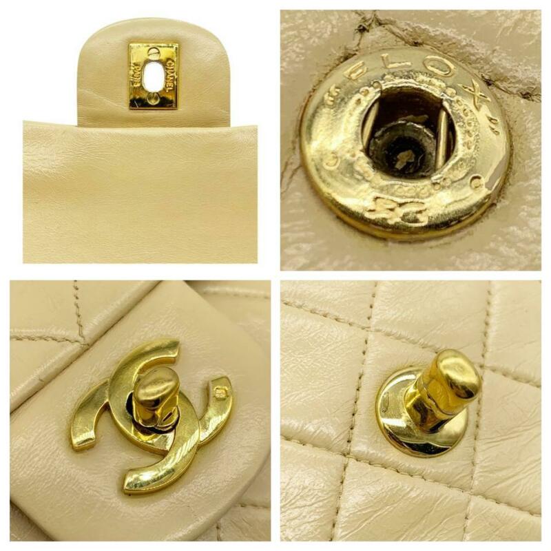 Chanel Double Flap Chain Vintage Medium Beige Lambskin Leather Shoulder Bag