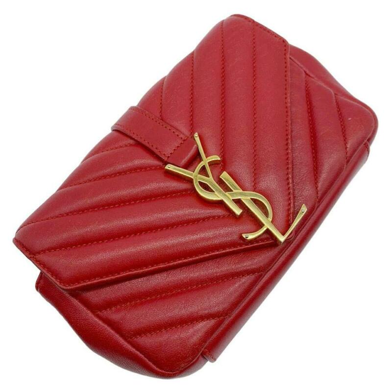 Saint Laurent Monogram Collège Chain Wallet Sheepskin Matelasse New Red Leather
