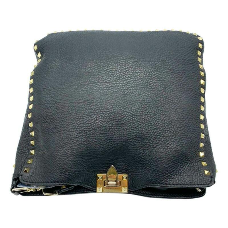 Valentino Pebbled Calfskin Rockstud Flip Lock Medium Black Leather Messenger Bag