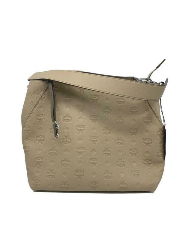 MCM Hobo Klara Monogrammed Beige Leather Shoulder Bag