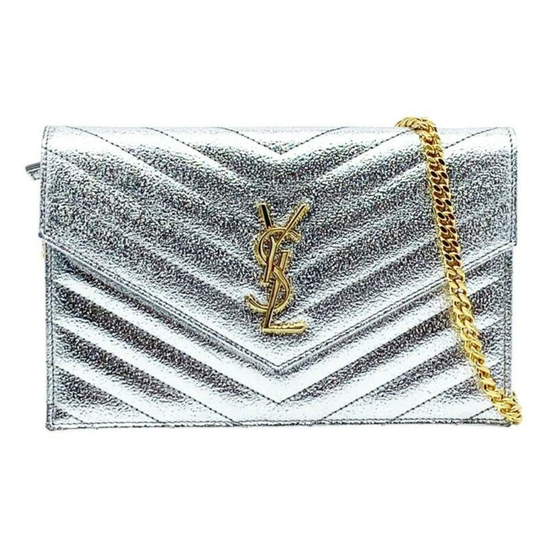 Saint Laurent Chain Wallet Small Envelop Metallic Monogram Silver Leather Cross