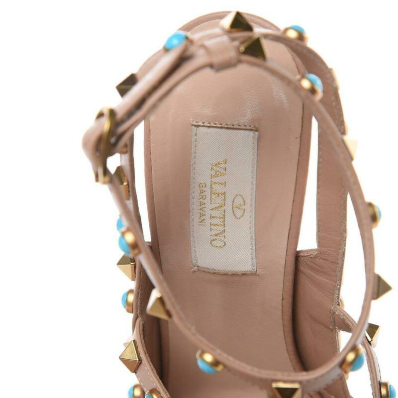 Valentino Beige Pebbled Calfskin Rockstud Rolling Ankle Strap Poudre Pumps