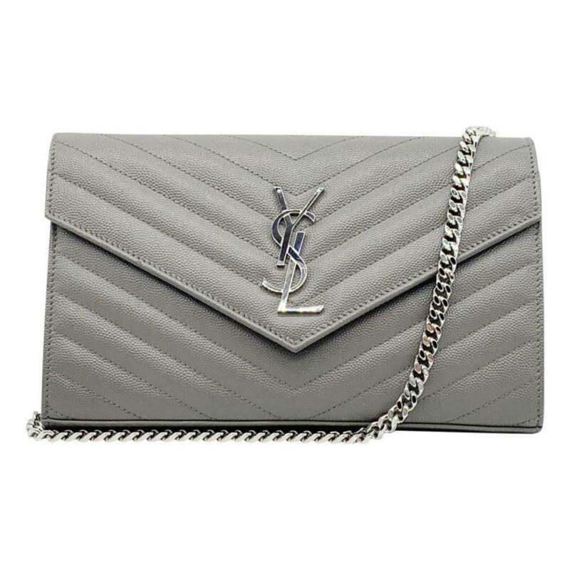 Saint Laurent Monogram Envelope Chain Wallet Medium Grey Leather Cross Body Bag