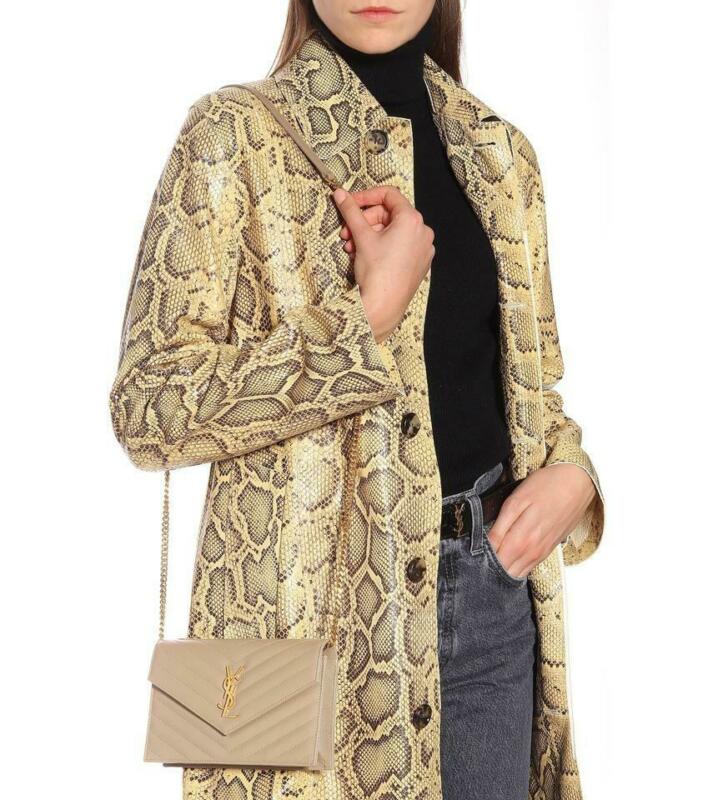 Saint Laurent Monogram Envelope Chain Wallet Small Poudre Beige Leather