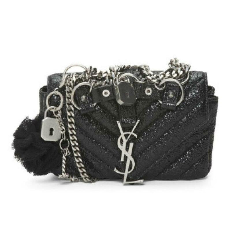 Saint Laurent Collège Mini Quilted Monogram Punk Crackled Chain Black Leather