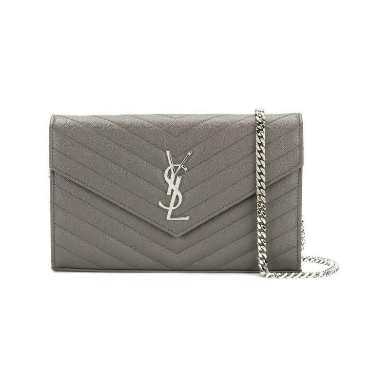 Saint Laurent Monogram Envelope Chain Wallet Medium Grey Leather Cross Body Bag