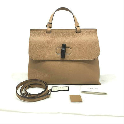 Gucci Medium Camelia Bamboo Daily Top Handle Beige Brown Leather Shoulder Bag