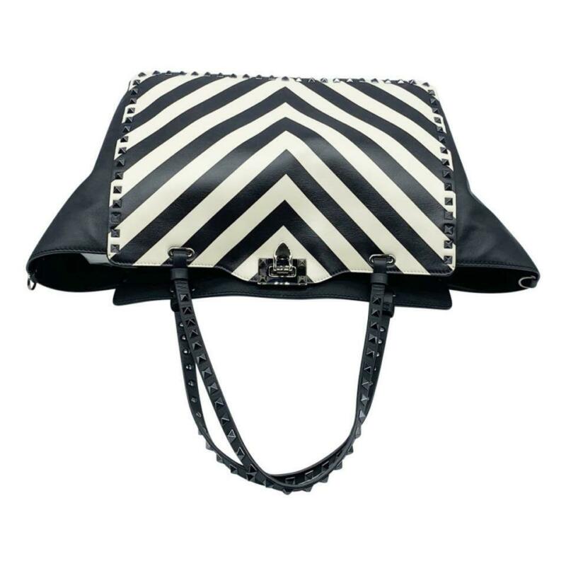 Valentino Rockstud Chevron Stripe Medium Black Leather Tote