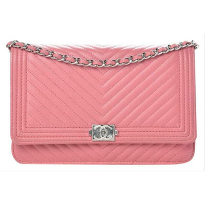 Chanel Boy Wallet on Chain Chevron Quilted Woc Pink Calfskin Leather