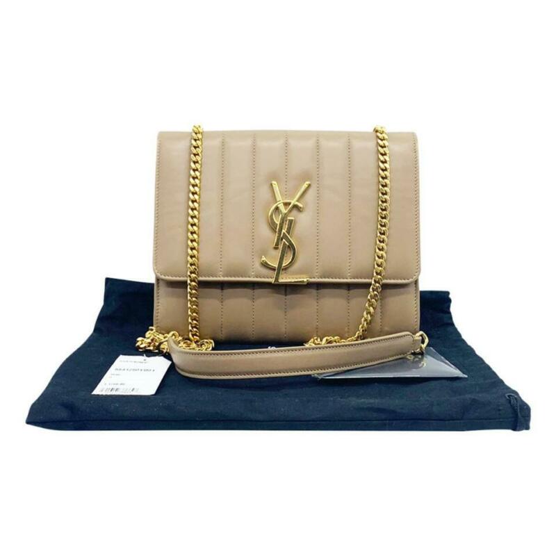 Saint Laurent Vicky Small Wallet On A Chain Monogram Beige Leather Shoulder Bag