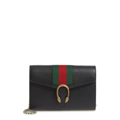 Gucci Dionysus 2019 Web Stripe Wallet On A Chain Black Leather