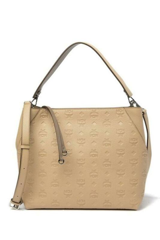 MCM Hobo Klara Monogrammed Beige Leather Shoulder Bag