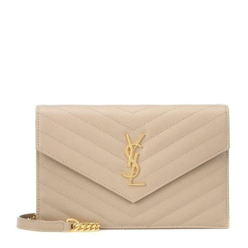 Saint Laurent Monogram Envelope Chain Wallet Small Poudre Beige Leather