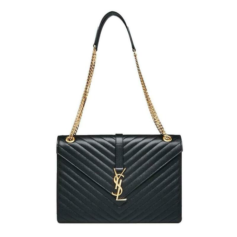 Saint Laurent Monogram Envelope Grained Calfskin Matelasse Chevron Large Black