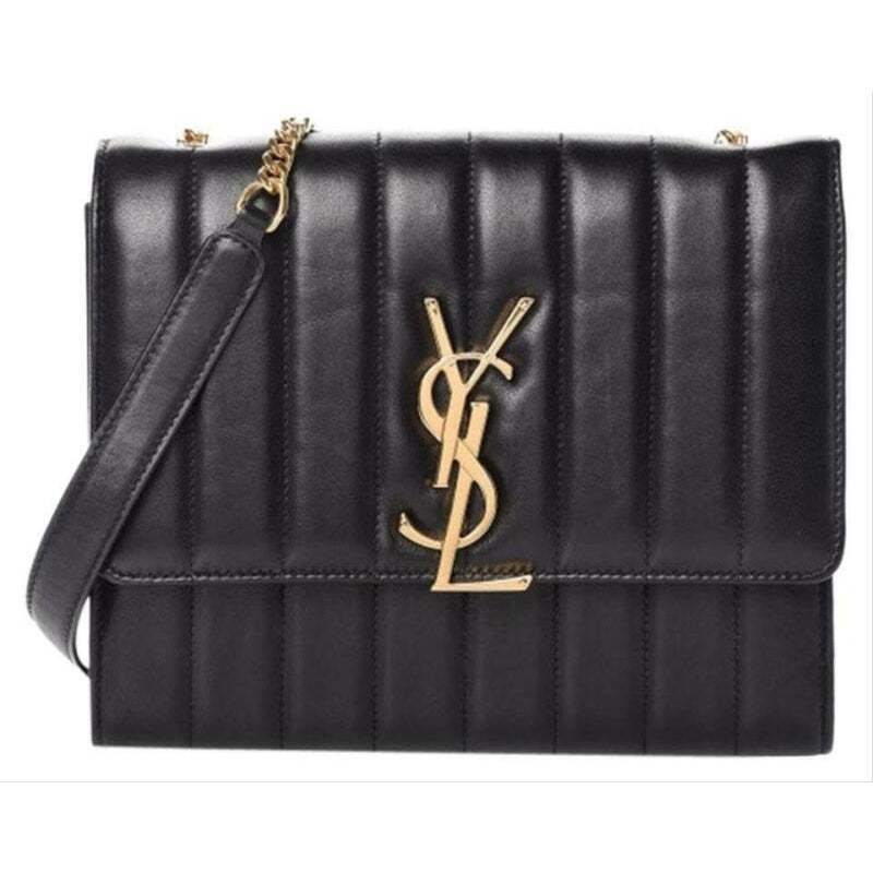 Saint Laurent Wallet on Chain Vicky Ysl Gold Monogram Quilted Shoulder Black