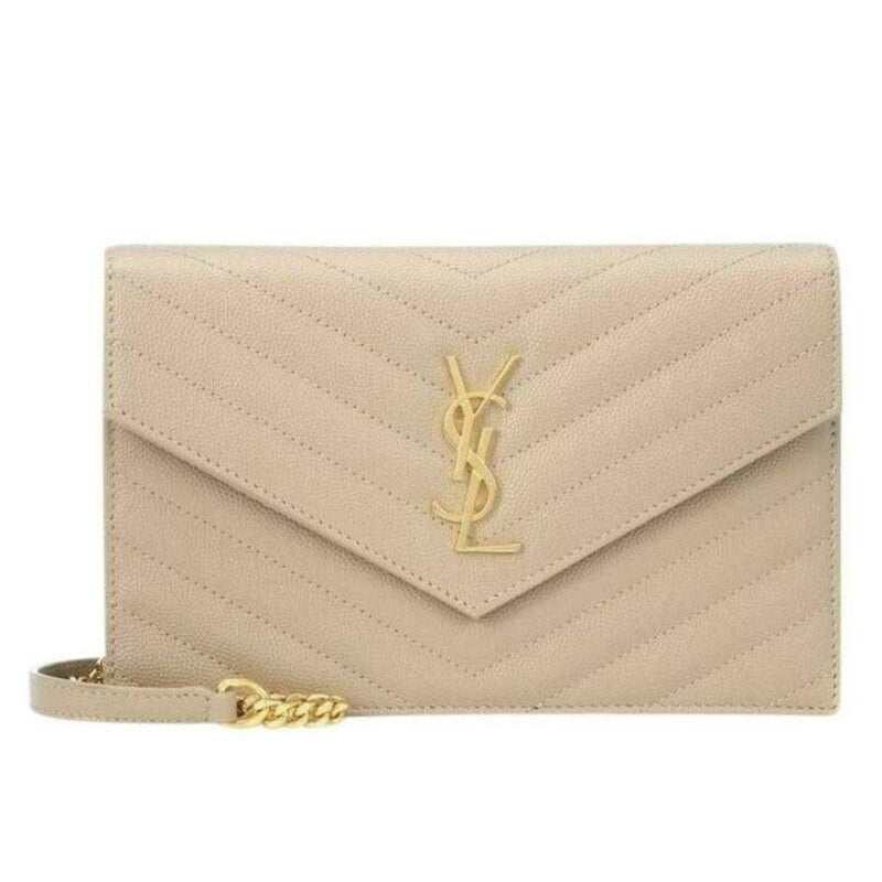 Saint Laurent Monogram Envelope Chain Wallet Small Poudre Beige Leather