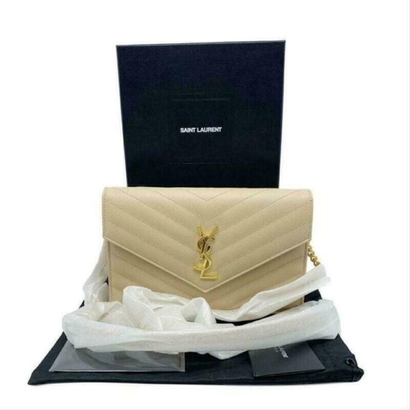 Saint Laurent Monogram Envelope Chain Wallet Small Poudre Beige Leather