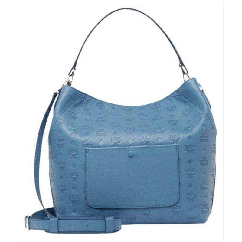 MCM Hobo Bag Klara Large Monogrammed Luft Blue Leather Tote