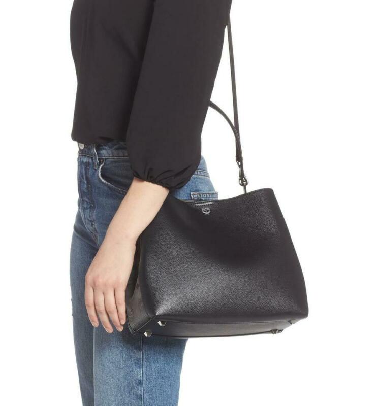 MCM Hobo Sarah Visetos Canvas Black Leather Shoulder Bag